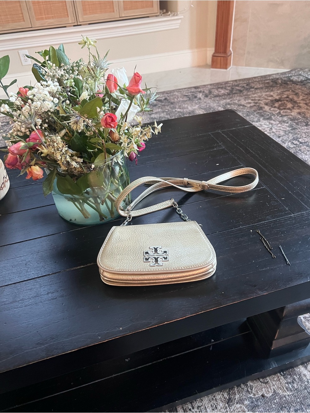 Tory Burch Metallic Gold Pebble Leather Crossbody